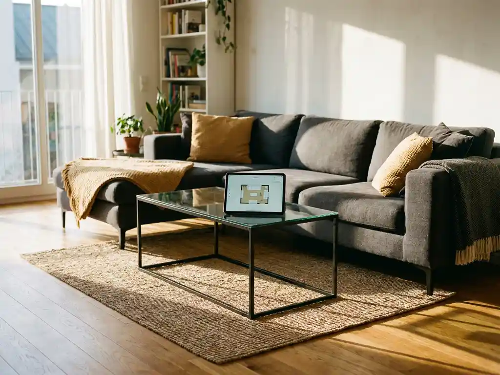 Gray sectional sofa in modern living room with hardwood floors, large windows, and tablet showing room layout on glass coffee table