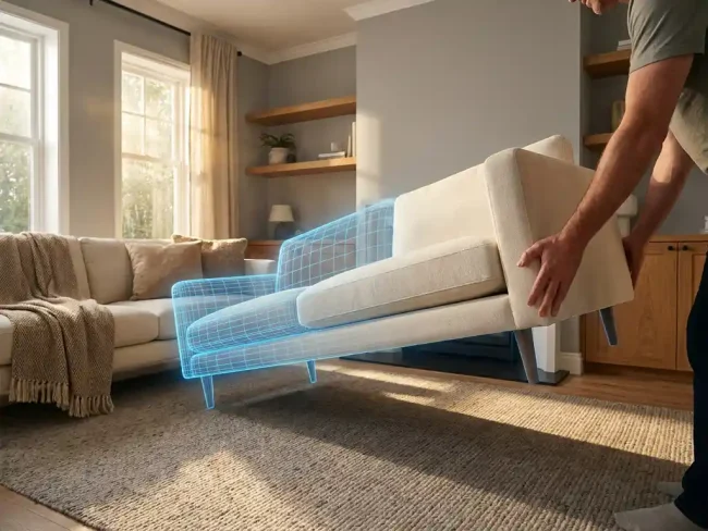 Modern sofa positioned with 3D holographic overlay in elegant living room with warm sunlight and neutral decor