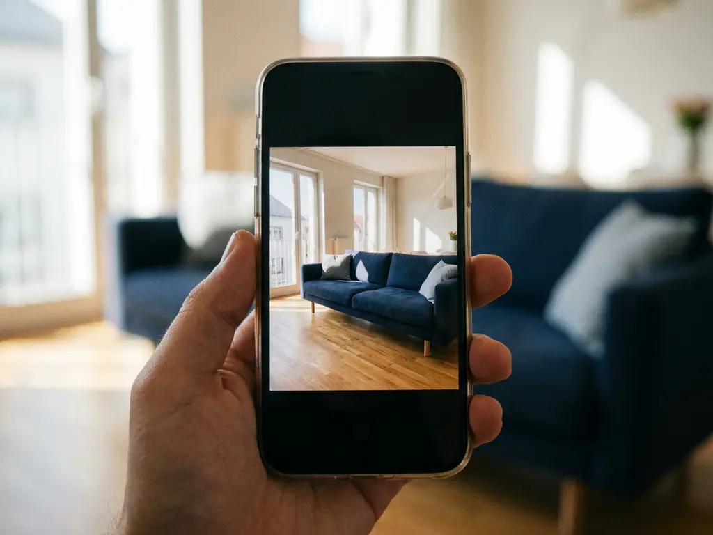 Hand holding smartphone displaying navy blue sofa in bright Scandinavian living room with cream walls and wood floors