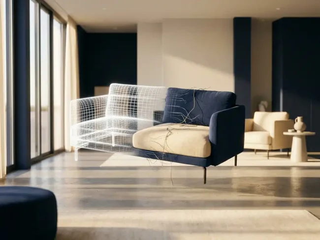Modern navy blue sofa transitioning from wireframe blueprint to fabric upholstery in minimalist living room with concrete floors and natural light