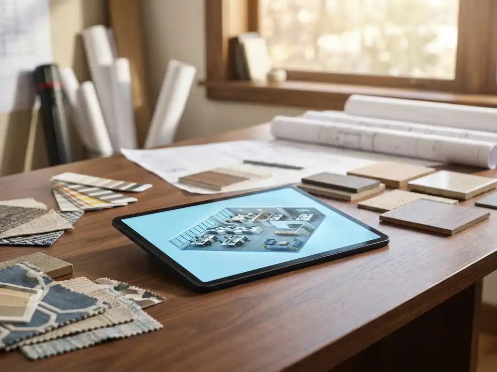 Tablet displaying 3D office floor plan surrounded by fabric swatches and blueprints on conference table in architect's workspace