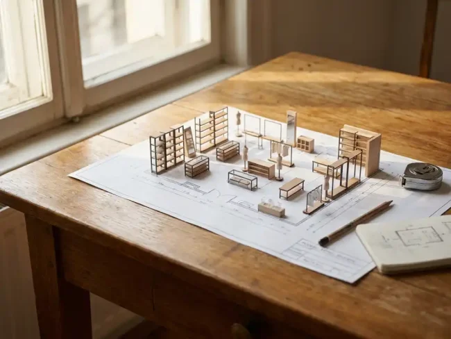 Architectural floor plan of modern retail store on wooden table with miniature furniture and display fixtures for layout planning