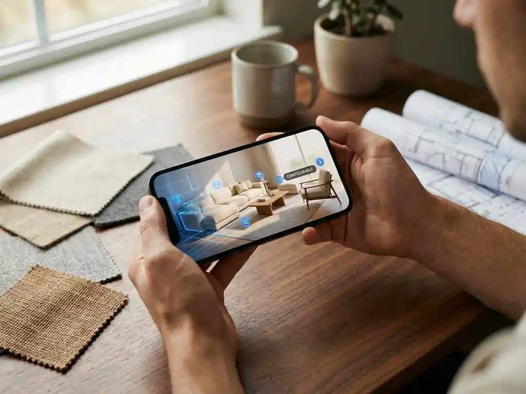 Hands holding smartphone displaying 3D furniture room layout app on wooden desk with fabric swatches and design sketches