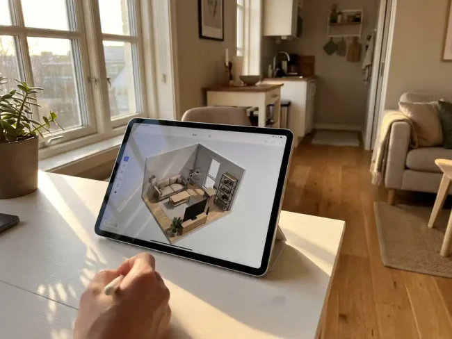Tablet displaying 3D room layout software on white desk in sunlit studio apartment with natural wood and clean surfaces