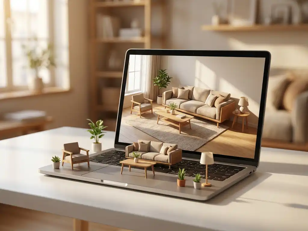 Laptop displaying 3D furnished living room with miniature furniture pieces scattered around keyboard on white desk in natural light