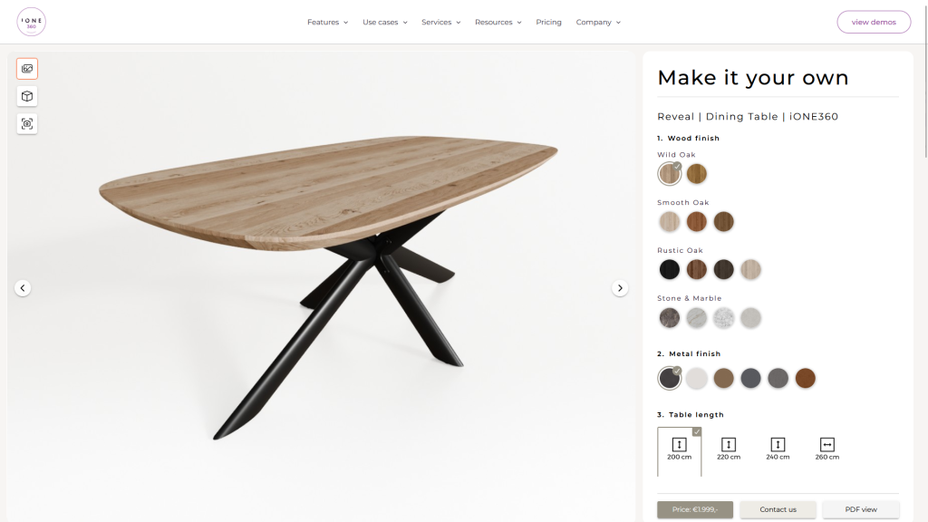 3d product customization software screenshot dining table