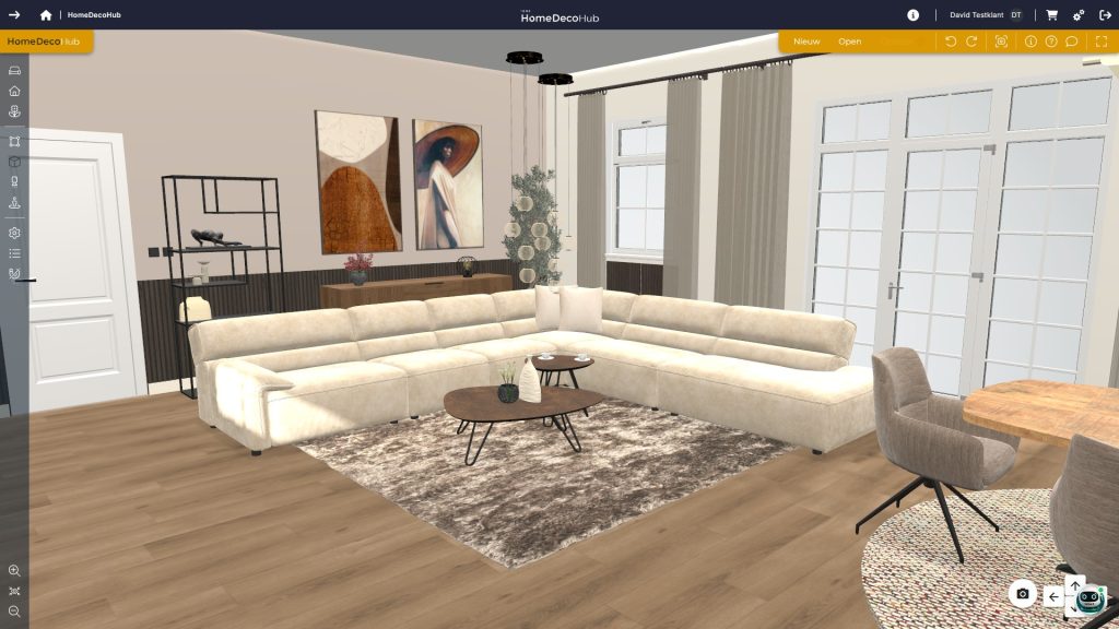 screenshot of 3d room planning software of the ione360 platform showing modular sofa and decorations