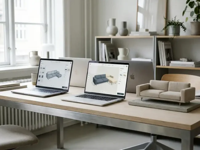 Laptops displaying 3D furniture configurator interfaces on a Scandinavian desk, with a minimalist sofa model as physical reference in soft daylight.