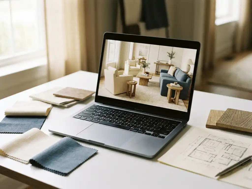 Open laptop showing a 3D furniture room layout, surrounded by material swatches, a floor plan sketch, and a pen on a design studio desk.