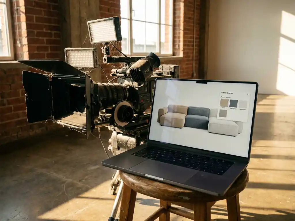 Dusty professional camera rig in a photography studio corner while a laptop displays photorealistic 3D-rendered sofa variations in sand, slate grey, and white.