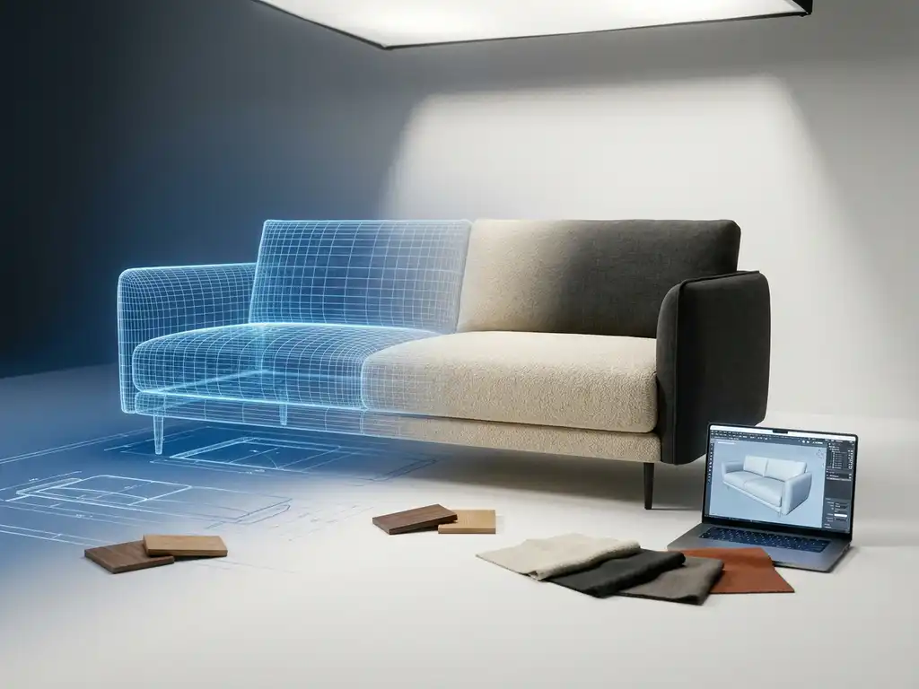 Modern sofa blueprint transitioning into a finished couch, surrounded by wood swatches and fabric samples near a laptop showing 3D furniture designs.