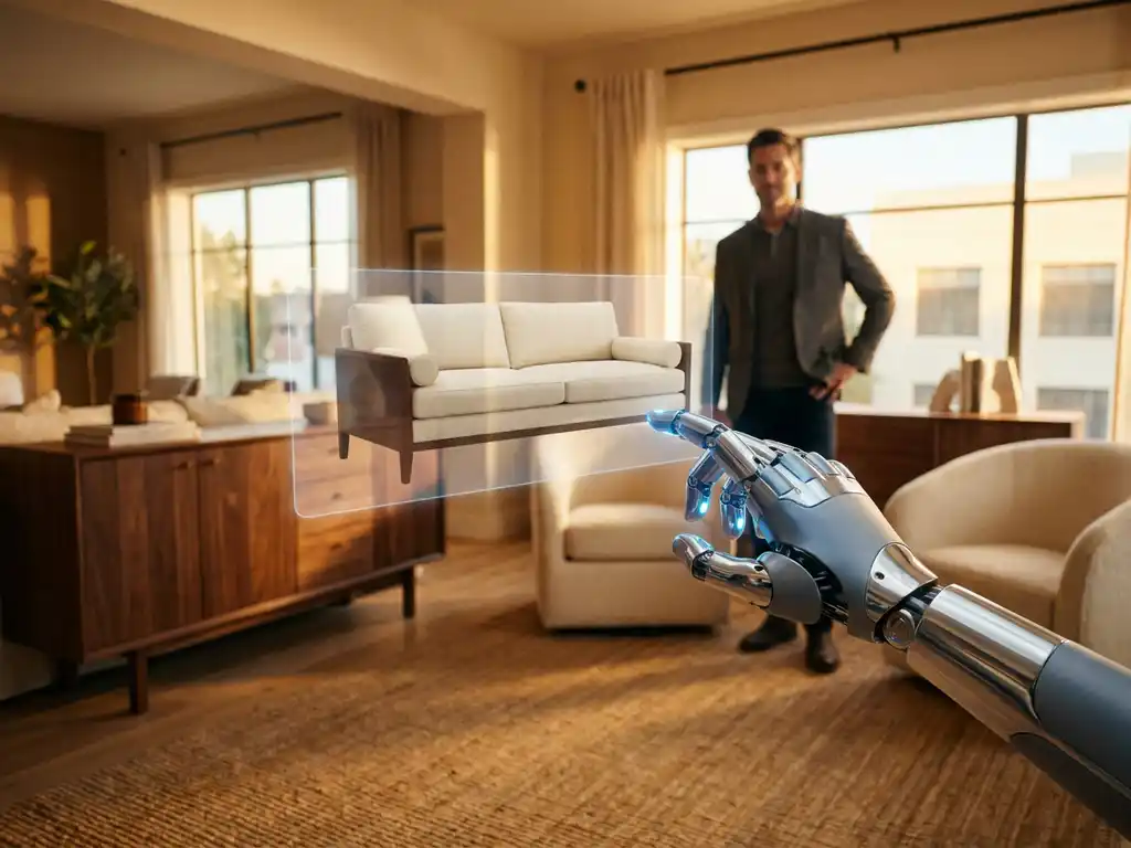 Robotic hand interacting with a 3D sofa configurator interface in a warmly lit furniture showroom with walnut and cream upholstery.