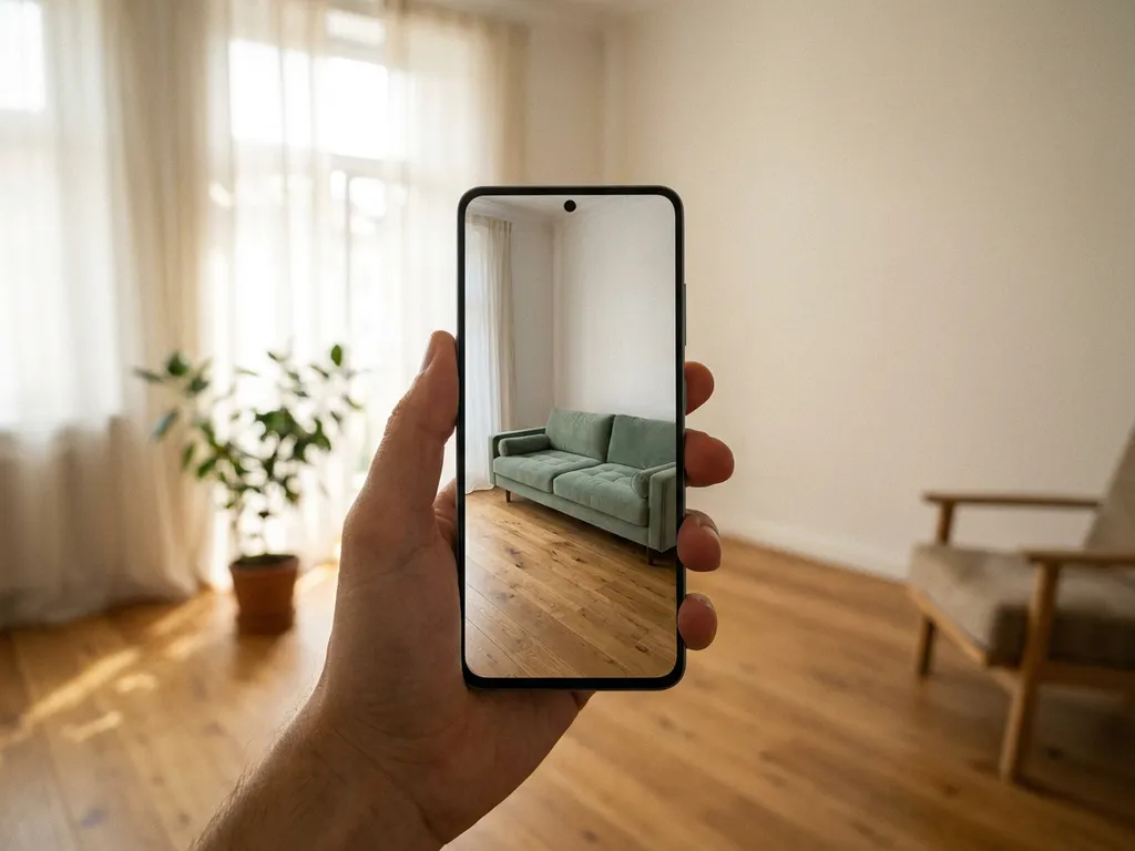 Smartphone displaying AR furniture preview of a virtual sofa in a sunlit Scandinavian living room with oak floors and white walls.