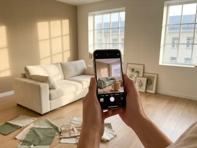 Person holding a smartphone with a 3D room preview while standing in a sunlit living room with a plush sofa and fabric swatches on oak flooring.