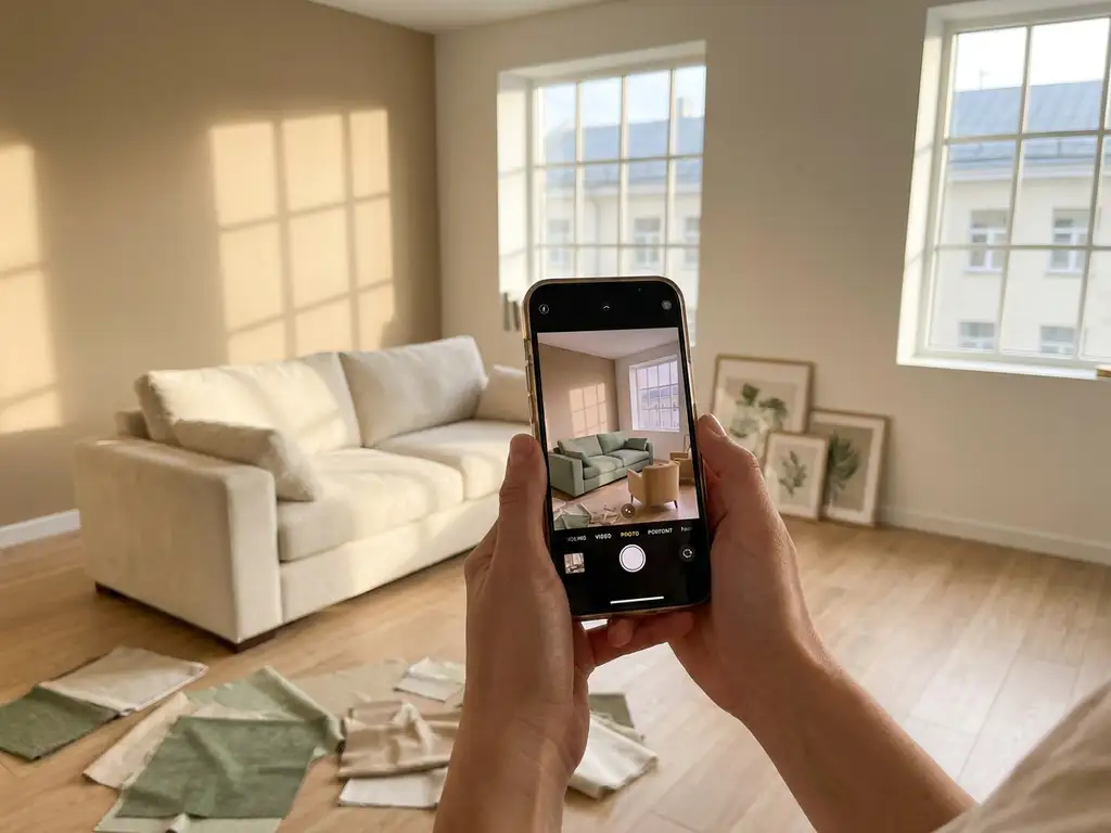 Person holding a smartphone with a 3D room preview while standing in a sunlit living room with a plush sofa and fabric swatches on oak flooring.