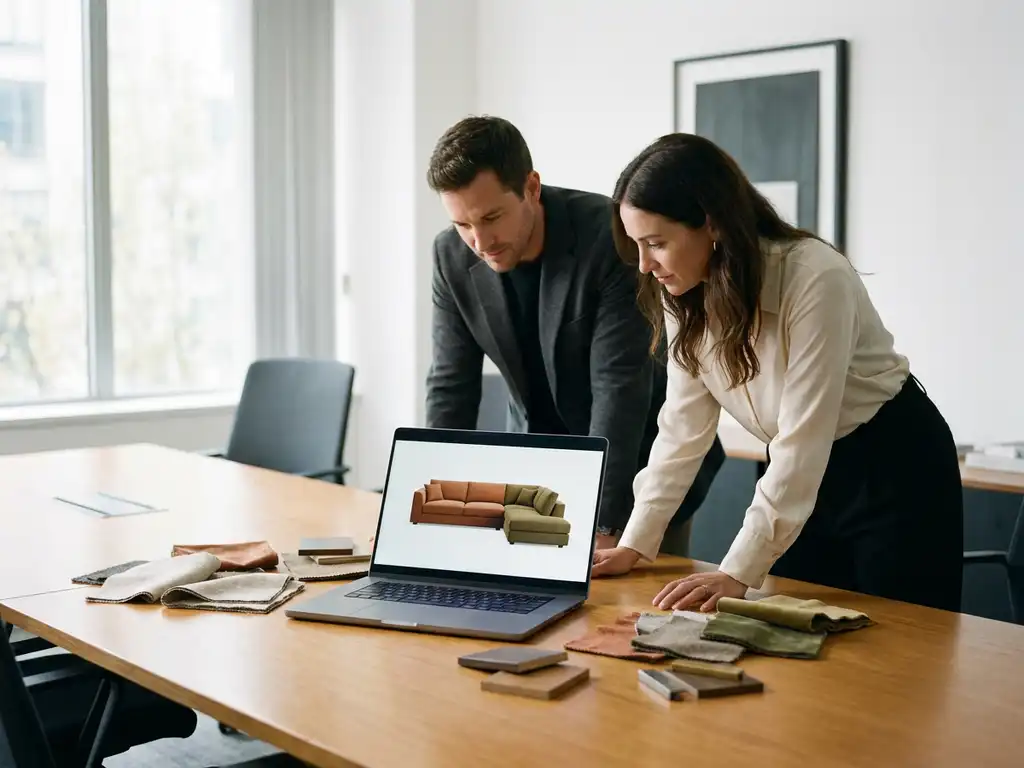 Sales rep and B2B client reviewing a 3D sofa configurator on a laptop at a conference table with fabric swatches nearby.