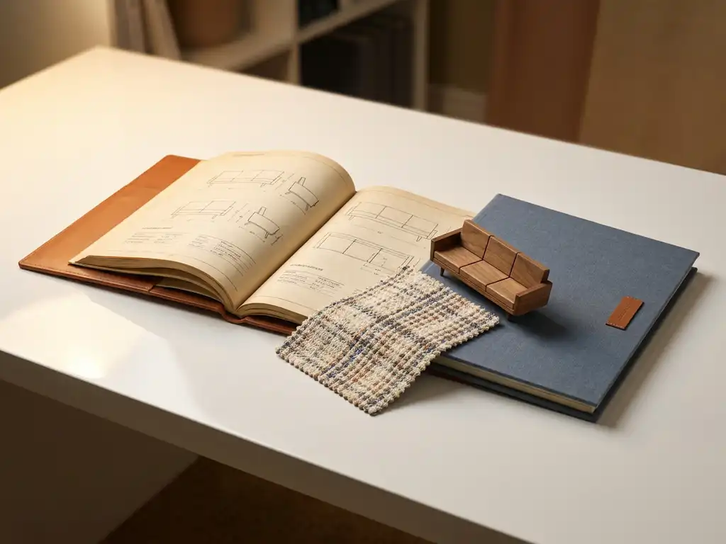 Leather-bound sales catalog beside a CRM client folder on a white desk, linked by a fabric swatch and miniature sofa model in warm ivory and cognac tones.