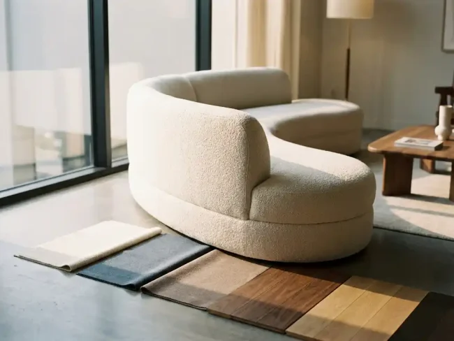 Curved sofa surrounded by fabric swatches and wood finish samples in a warmly lit modern living room showroom.
