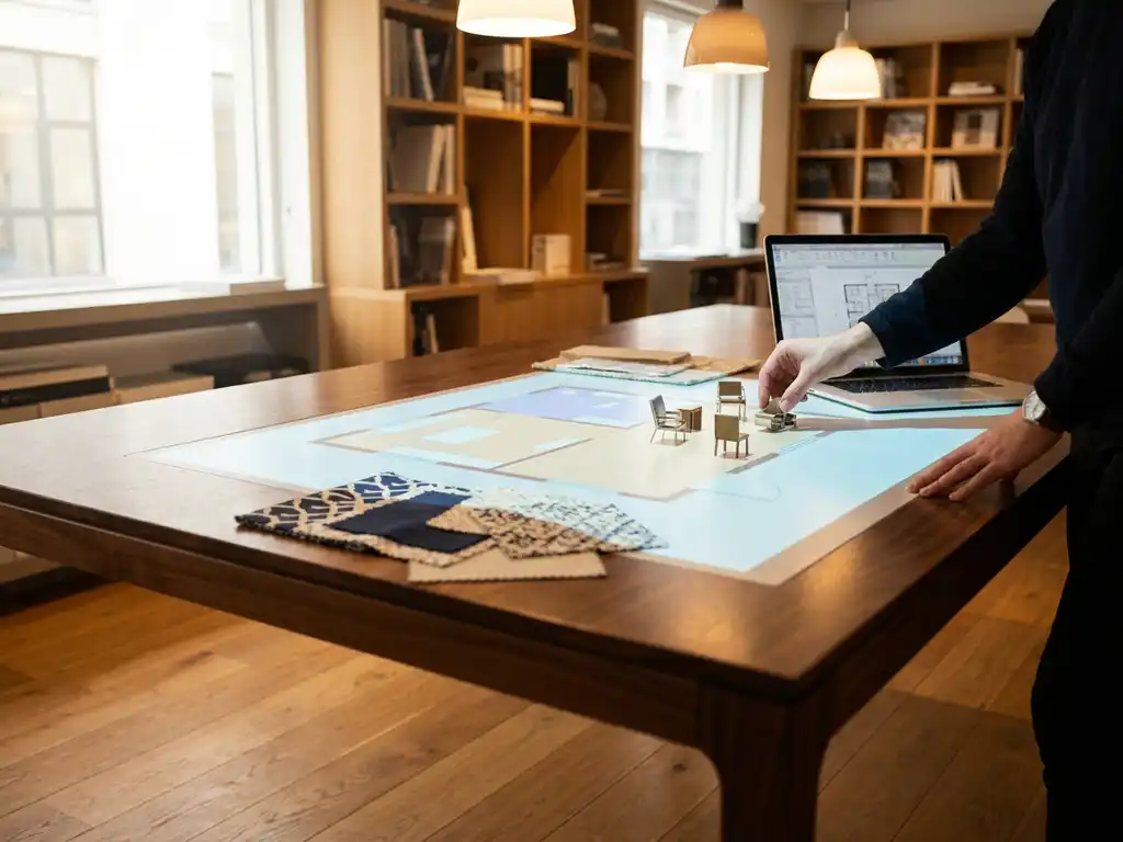 Customer arranging miniature 3D furniture pieces on a glowing digital floor plan, with fabric swatches and laptop on a warm oak showroom table.