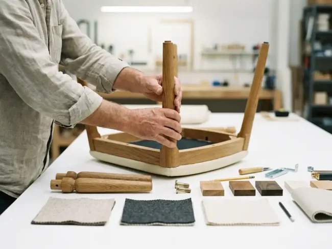 Craftsman arranging modular wooden chair components on a white workshop table with fabric swatches and finish samples for custom furniture design.