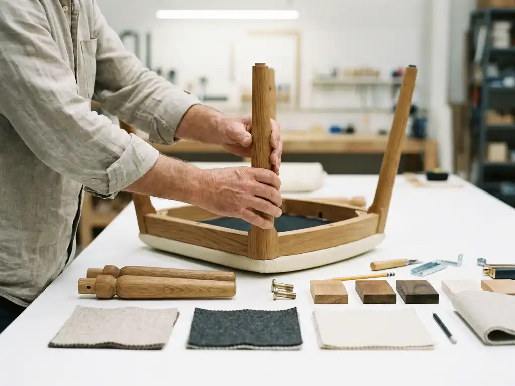 Craftsman arranging modular wooden chair components on a white workshop table with fabric swatches and finish samples for custom furniture design.