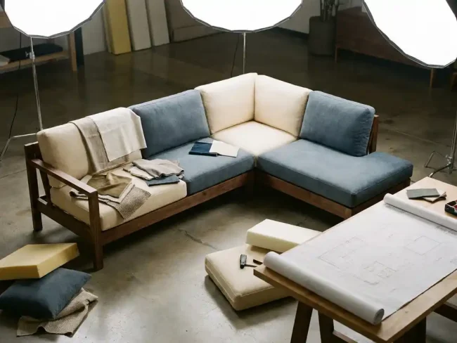 Custom sofa mid-assembly surrounded by fabric swatches, modular cushions, and a technical blueprint, featuring walnut wood accents in a bright showroom.