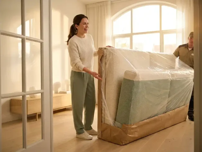 Custom sofa delivery in cream and sage green fabric arriving at a sunlit modern living room, homeowner approving the fit and dimensions.