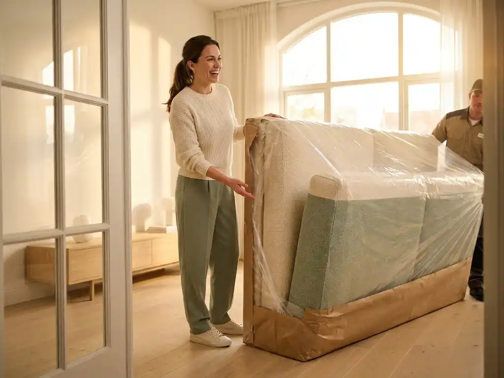 Custom sofa delivery in cream and sage green fabric arriving at a sunlit modern living room, homeowner approving the fit and dimensions.