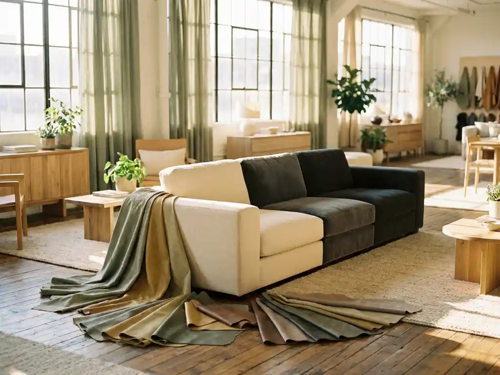Customizable sofa surrounded by fabric swatches in a sunlit showroom with warm wood tones and sage green accents.