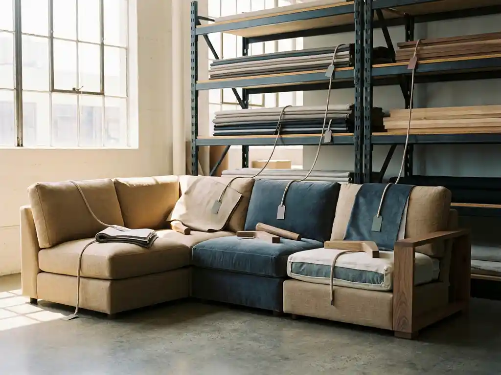Custom sofa mid-configuration in a showroom, sand and slate blue fabric swatches linked to warehouse shelving, warm natural light.