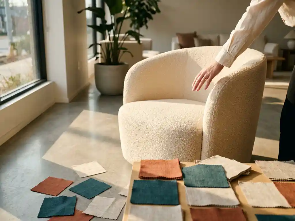 Customer hand selecting a customizable sofa surrounded by terracotta, teal, and linen fabric swatches in a sunlit Scandinavian showroom.