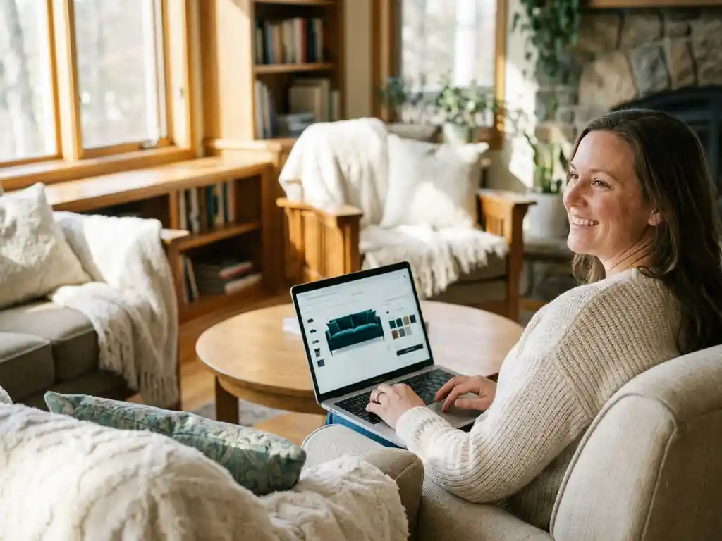 Smiling customer browsing custom sofa fabric options on a laptop in a warmly lit living room with teal and oak wood accents.