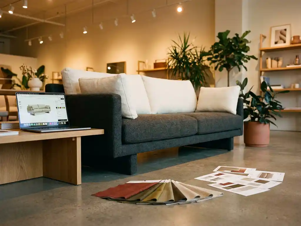 Custom sofa in a furniture showroom beside a laptop displaying configuration options, with fabric swatches on polished concrete floor.