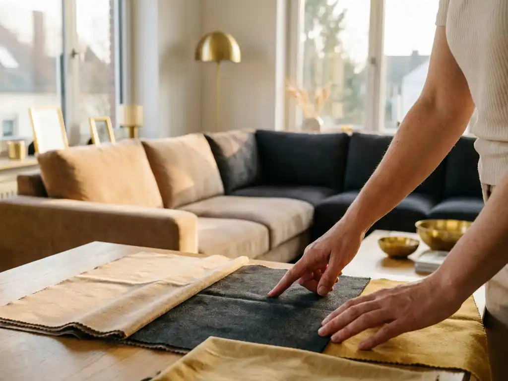 Hands touching fabric swatches beside a living room where a plush sofa updates in real time from warm beige to deep charcoal.