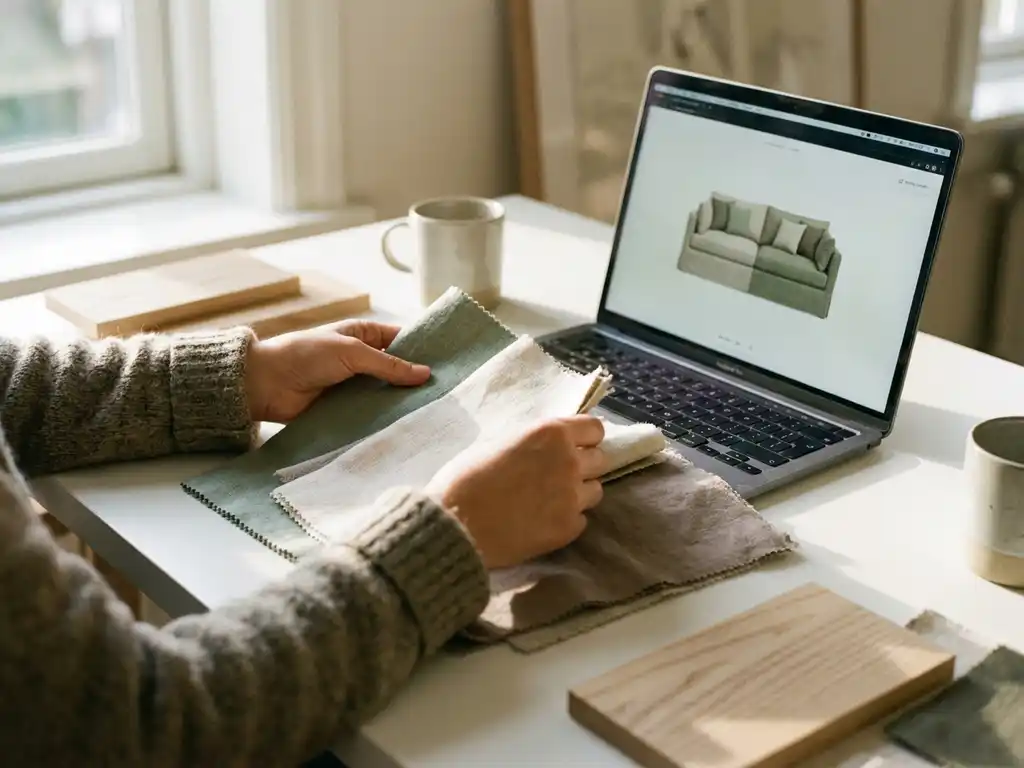 Hands arranging fabric swatches on a white desk beside a laptop displaying a 3D sofa configurator, warm natural light, ivory and sage tones.