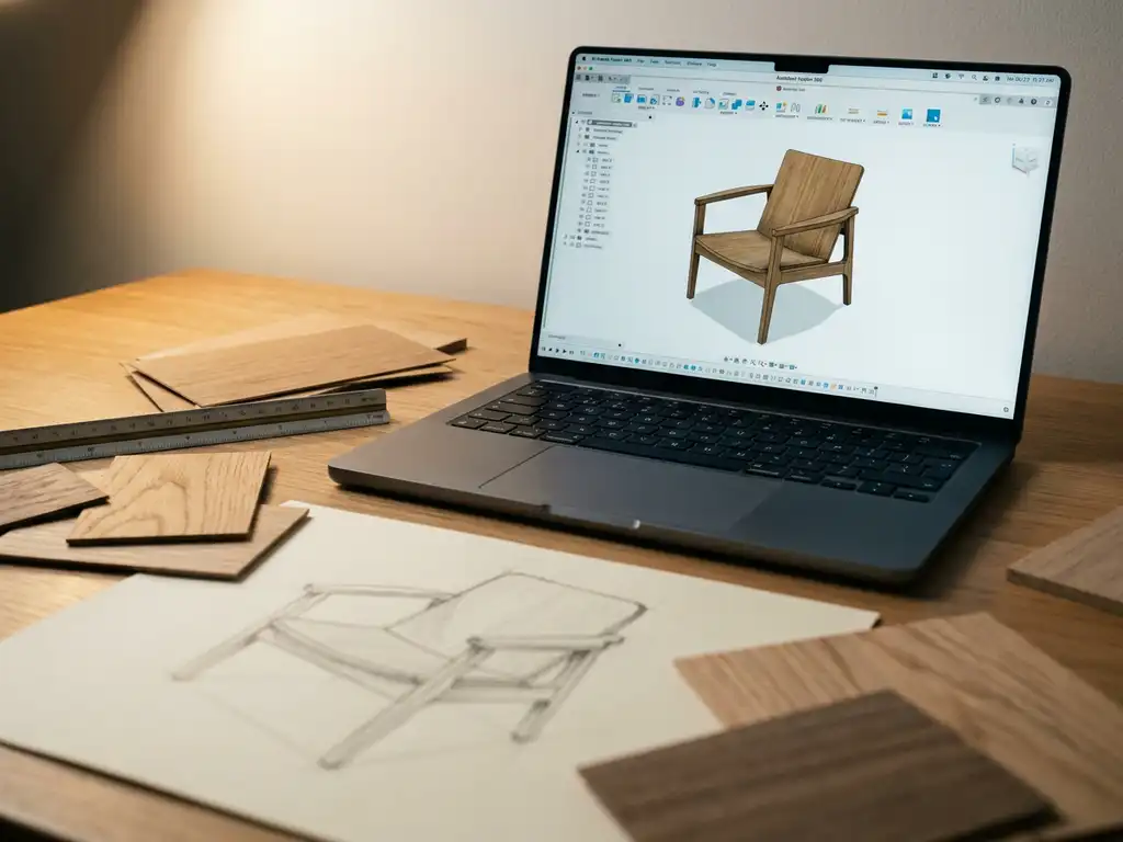 Laptop showing a 3D furniture model in Autodesk software, surrounded by wood swatches, scale ruler, and chair sketch on cream paper.