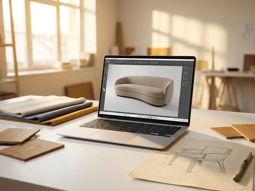 Laptop showing 3D sofa model in furniture design software, surrounded by fabric swatches and wood samples on a sunlit studio desk.
