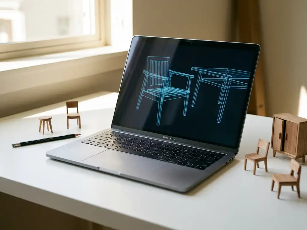 Laptop displaying a glowing 3D furniture blueprint surrounded by miniature wooden models and a drafting pencil on a white desk.