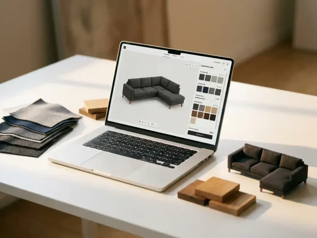 Laptop showing a 3D furniture configurator surrounded by fabric swatches, wood samples, and a miniature sofa on a white studio desk.