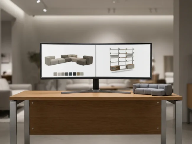 Modern showroom desk with a premium monitor displaying a 3D furniture configurator alongside a modular sofa sample in silver and warm oak tones.