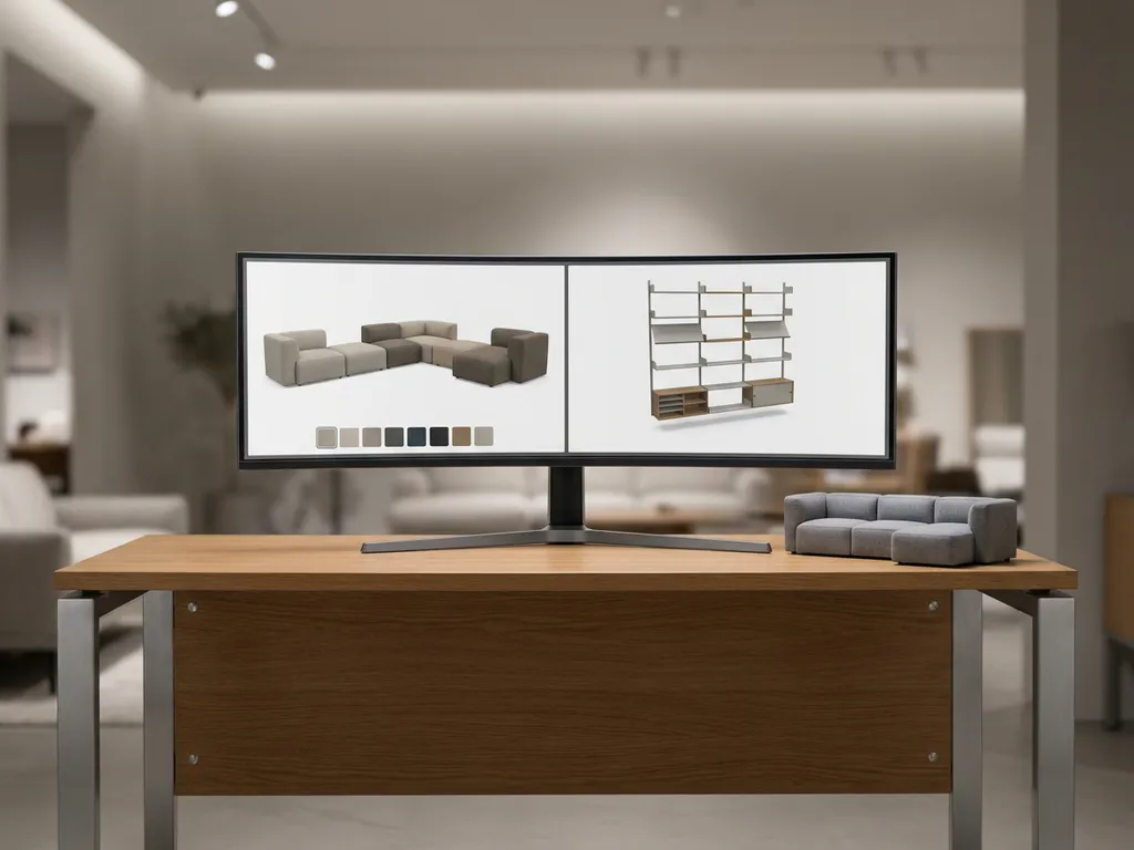 Modern showroom desk with a premium monitor displaying a 3D furniture configurator alongside a modular sofa sample in silver and warm oak tones.