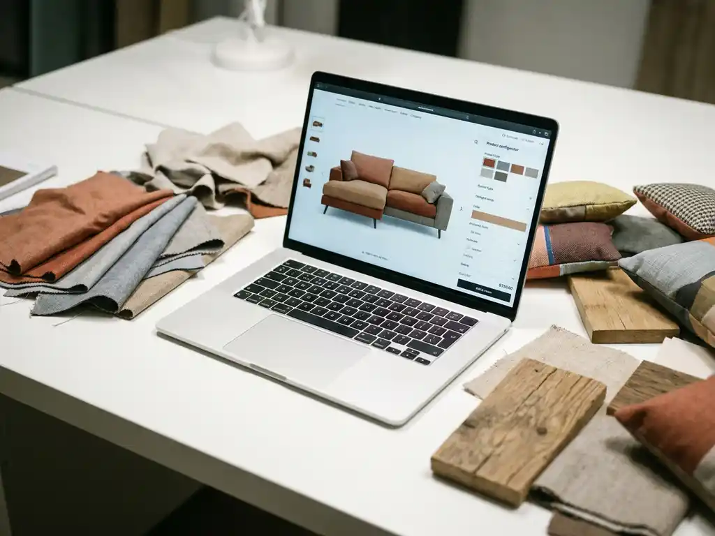 Laptop displaying a furniture configurator surrounded by mismatched sofa cushions, fabric swatches, and wood samples on a modern white showroom desk.