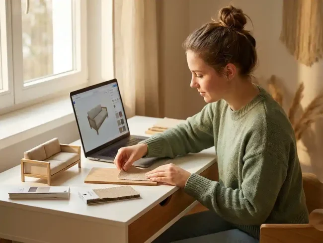 Young woman arranging fabric swatches at a white desk beside a laptop displaying a 3D furniture configurator, with material samples and a miniature sofa model nearby.