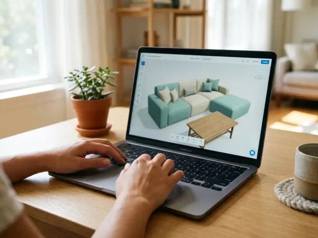 Hands using a laptop with a 3D furniture configurator showing a styled sofa, set on a Scandinavian wood desk with a small plant nearby.