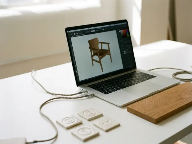 Laptop showing a 3D furniture configurator on a white desk, with connector cables, ceramic platform tiles, and an oak wood chair swatch nearby.