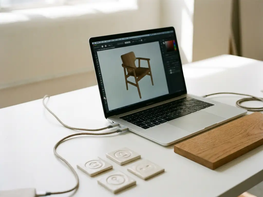 Laptop showing a 3D furniture configurator on a white desk, with connector cables, ceramic platform tiles, and an oak wood chair swatch nearby.