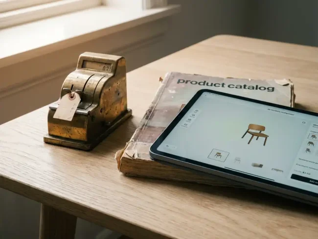 Vintage brass price-tag mechanism and worn catalog beside a modern tablet showing a 3D furniture configurator on a Scandinavian oak desk.
