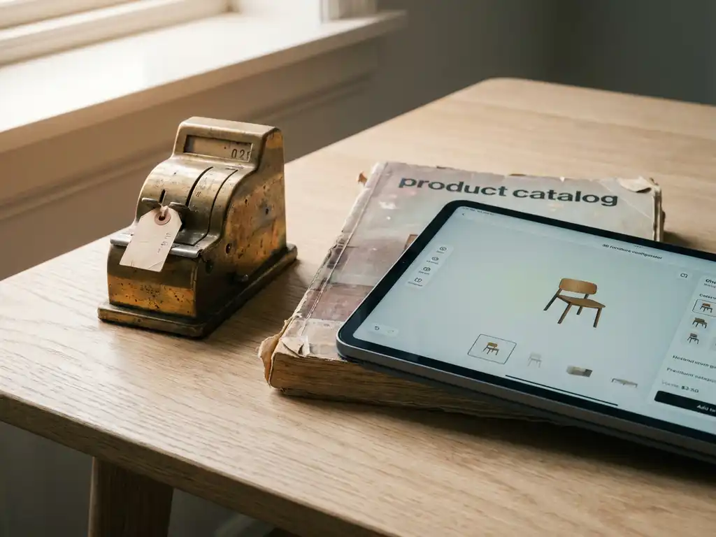 Vintage brass price-tag mechanism and worn catalog beside a modern tablet showing a 3D furniture configurator on a Scandinavian oak desk.