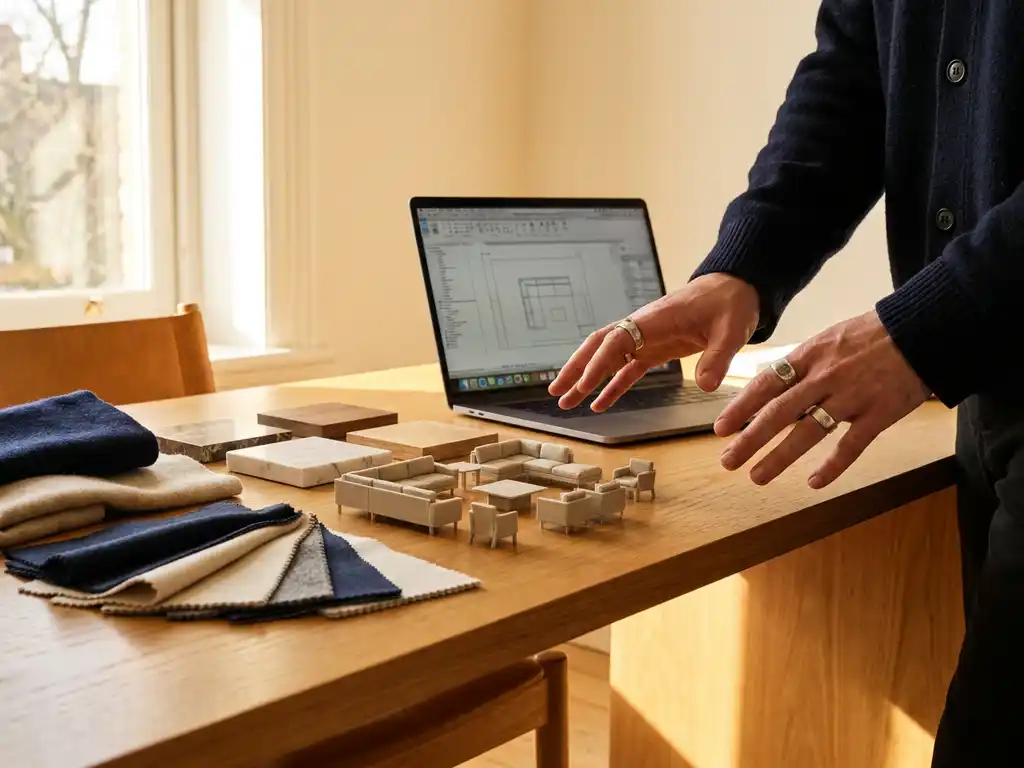 Business owner reviewing miniature 3D furniture models with fabric swatches on a warm oak desk beside an open laptop.