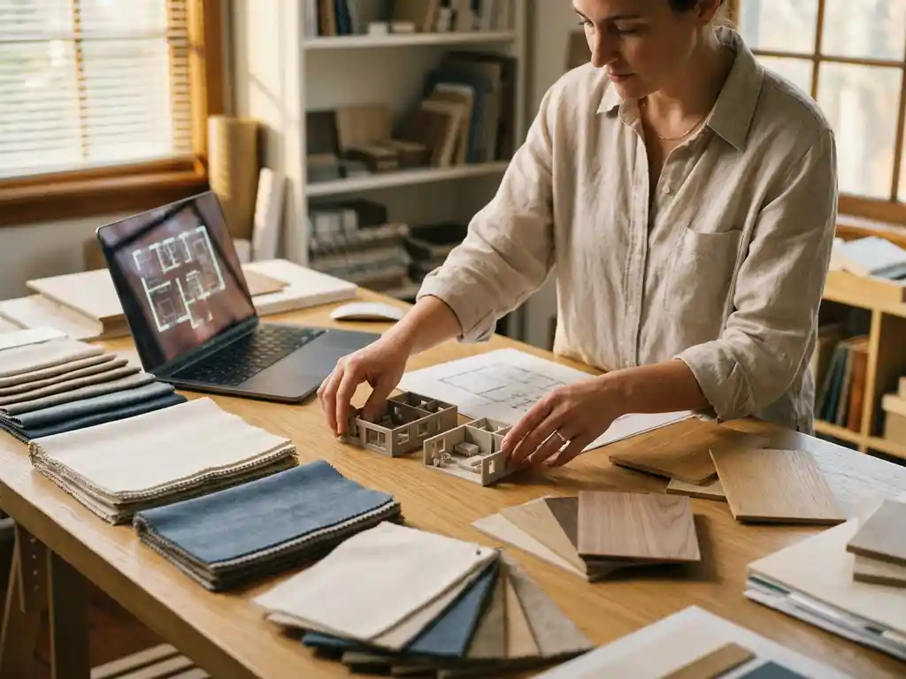 Furniture designer arranging miniature 3D-printed room models on a drafting table with fabric swatches, wood veneer samples, and a laptop showing a floor plan.
